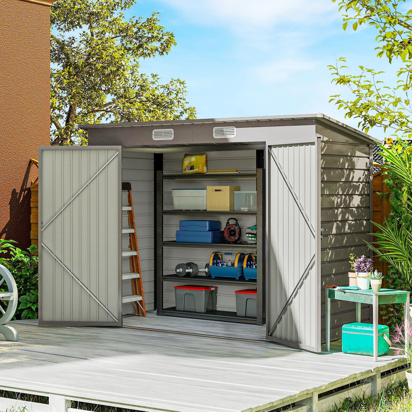 8 x 4FT Galvanized Garden Storage Shed, Metal Outdoor Shed with Double Doors and 2 Vents, Light Grey