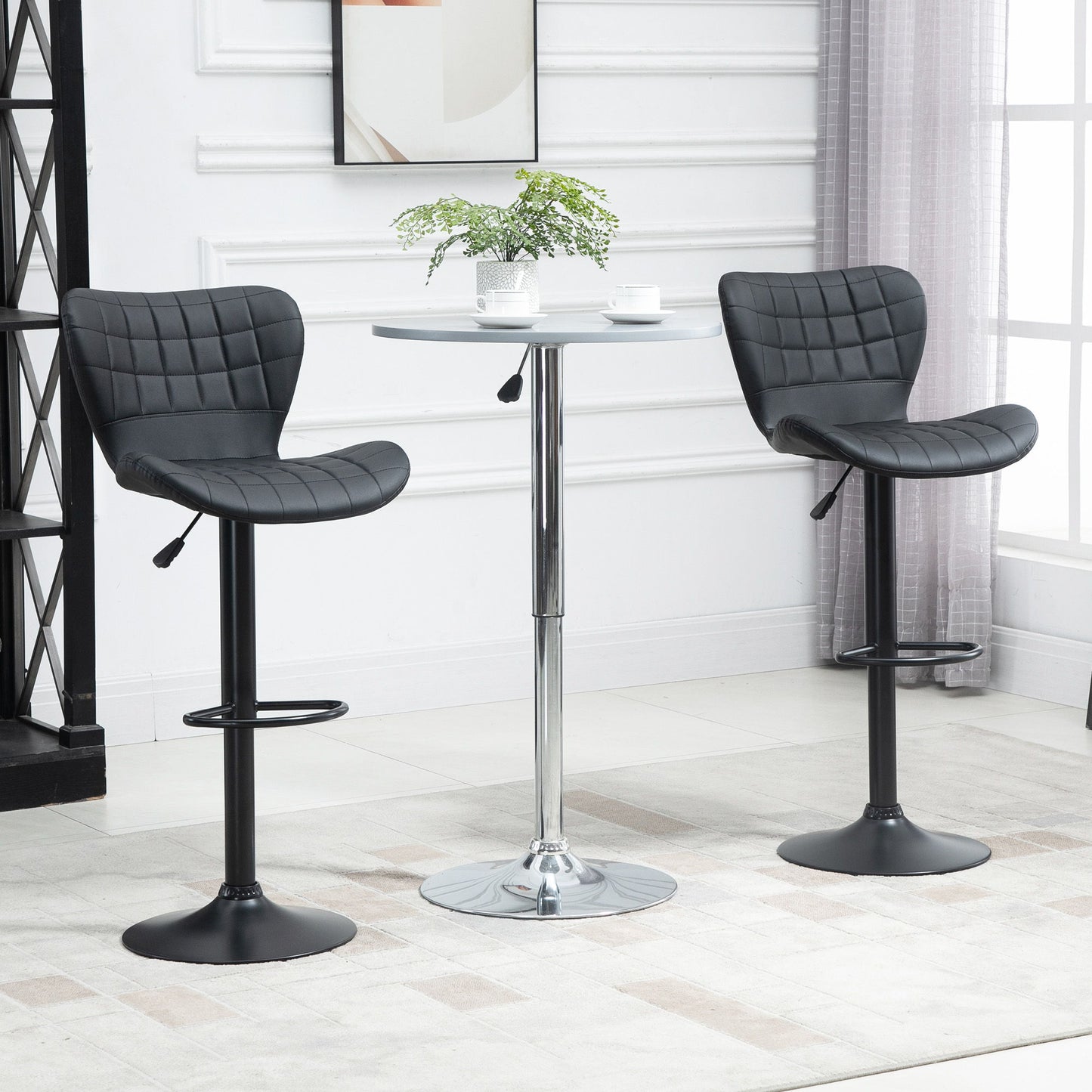 Bar Stools Set of 2, Adjustable Height Swivel Bar Chairs, PU Leather Upholstered Kitchen Counter Stools with Wide Seat, Back and Footrest, Black