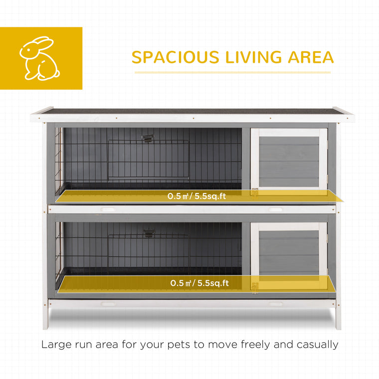 2-Tier Grey Wooden Bunny Pet House with Coop Run