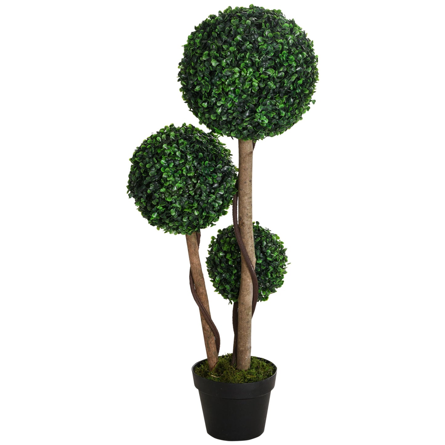 35 Inch Potted Fake Plant, Artificial Boxwood Topiary Tree, Triple Ball Tree for Indoor and Outdoor, Dark Green