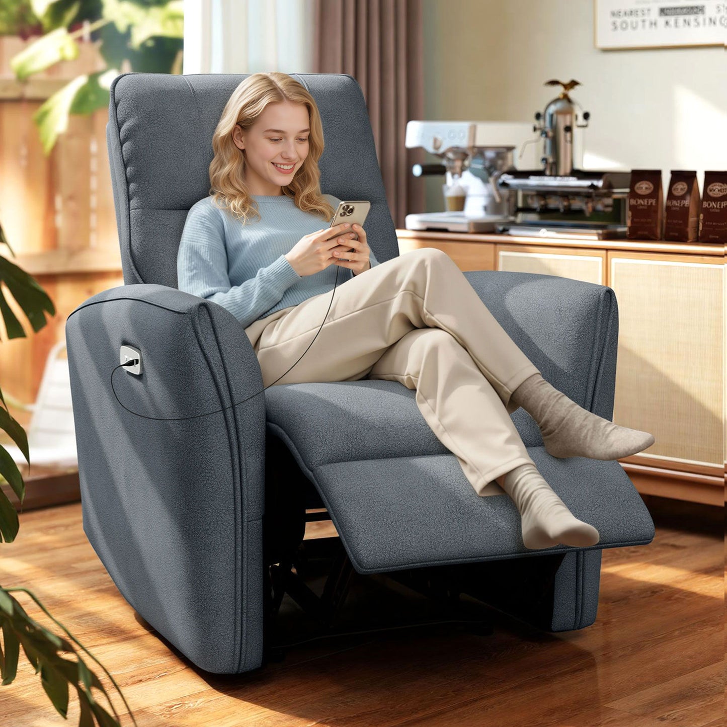 Power Recliner Chair, Fabric Upholstered Recliner Chair with USB Ports, Footrest, Charcoal Grey