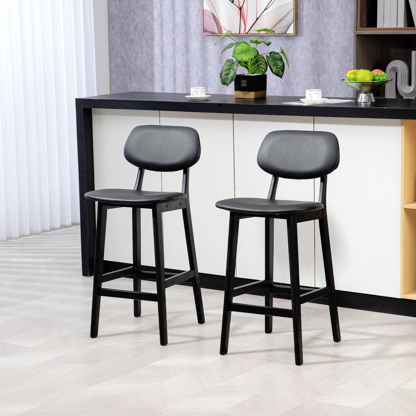 Bar Stools Set of 2, PU Leather Counter Height Barstools, Bar Chairs with Footrest and Solid Wood Legs, Black
