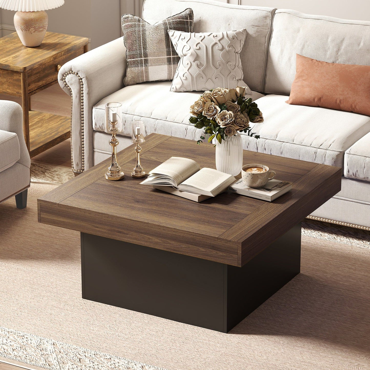 35" Square LED Coffee Table - Walnut