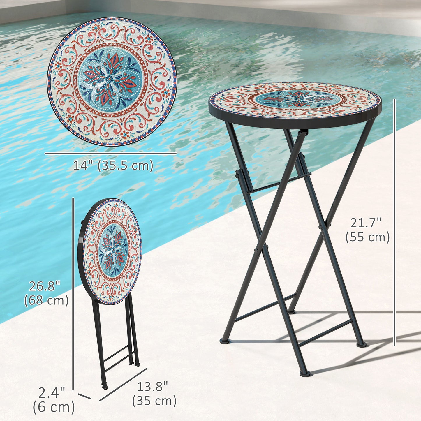 Mosaic Outdoor Patio Side Table, 14" Round Folding Outdoor Coffee Table with Steel Frame for Balcony Deck Patio Terrace, Mixed Colour