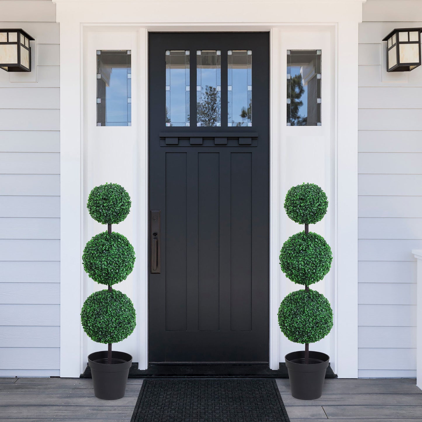 Set of 2 Artificial Ball Boxwood Topiary Trees, 44.1" Fake Plants in Pots for Outdoor Indoor Decor, Dark Green