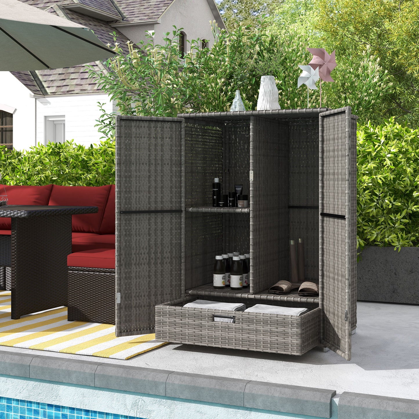 Wicker Outdoor Storage Cabinet, 2-Door Rattan Pool Towel Storage Cabinet with Drawer & Removable Shelf, Dark Grey