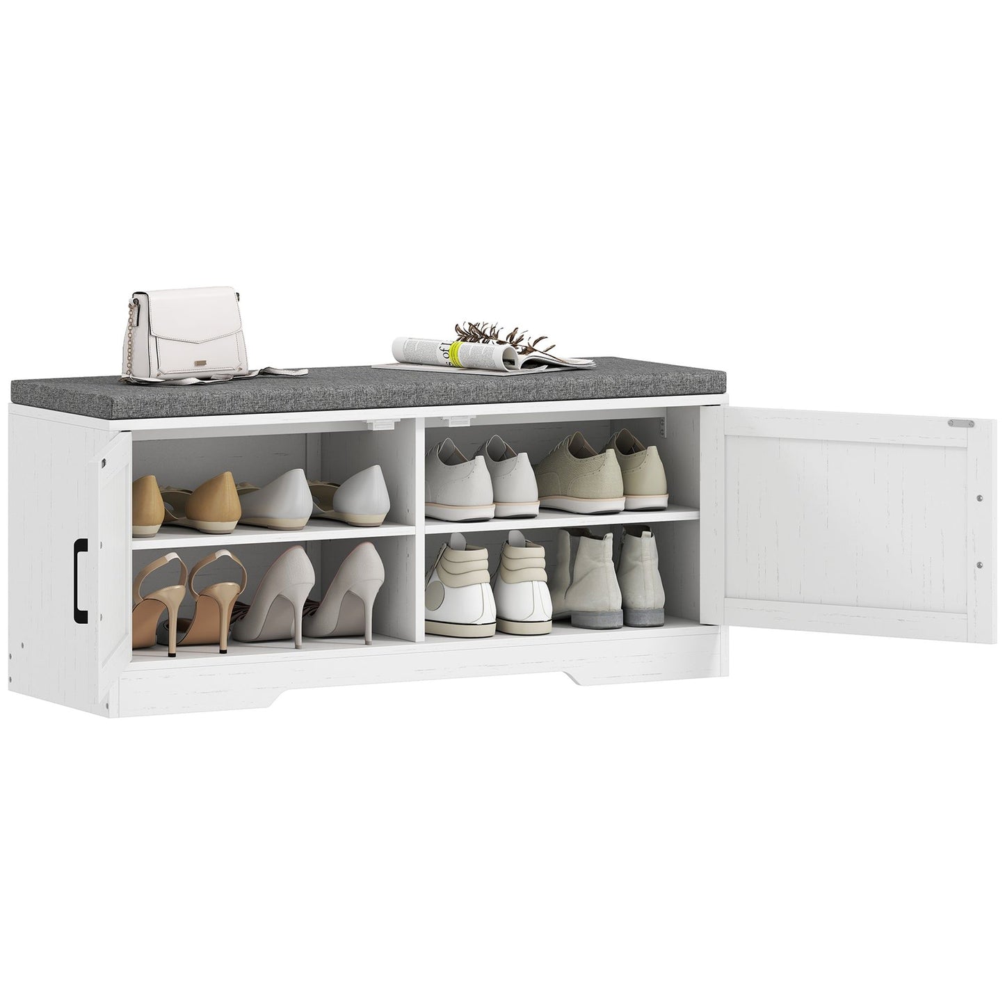Cushioned Shoe Storage Bench with Doors - White