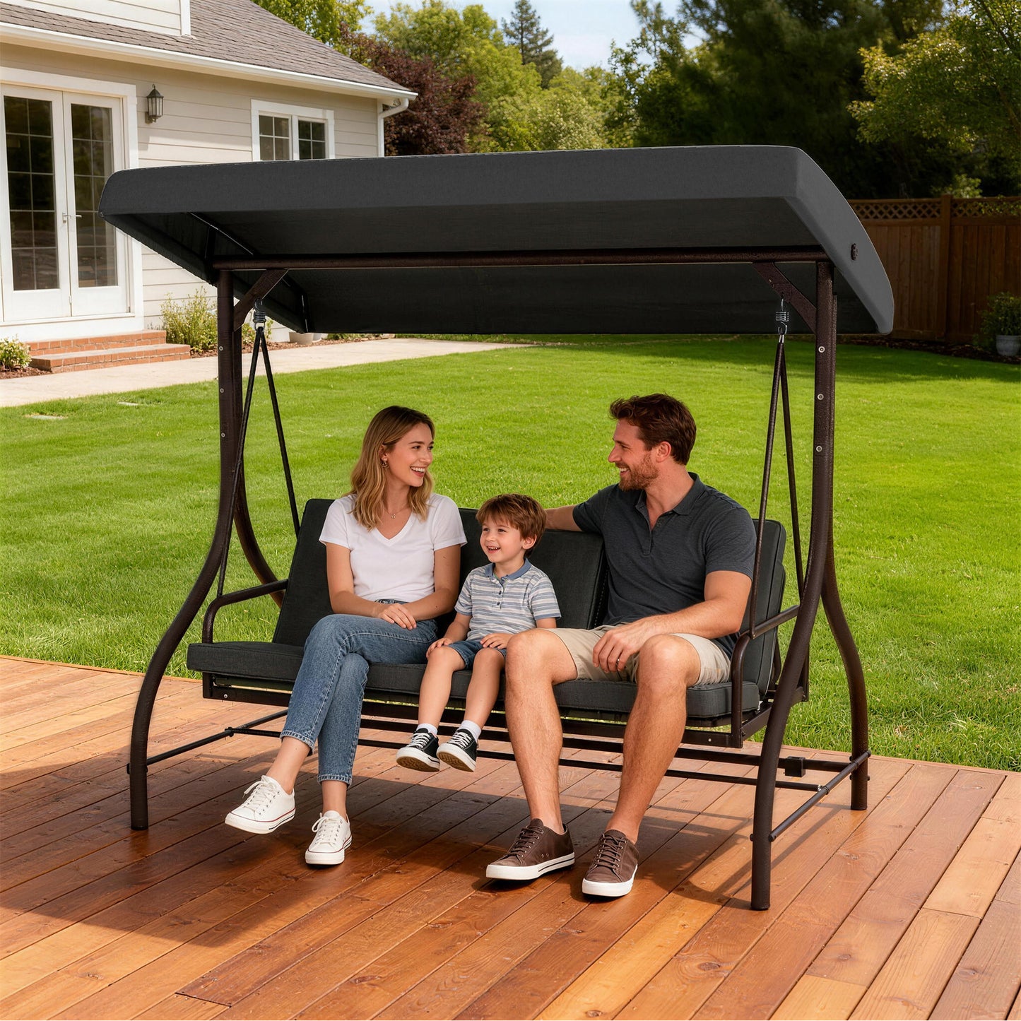Convertible Patio Swing Bed with Canopy and Cushions, 3 Seater Porch Swing for Outdoor, Backyard, Garden, Black