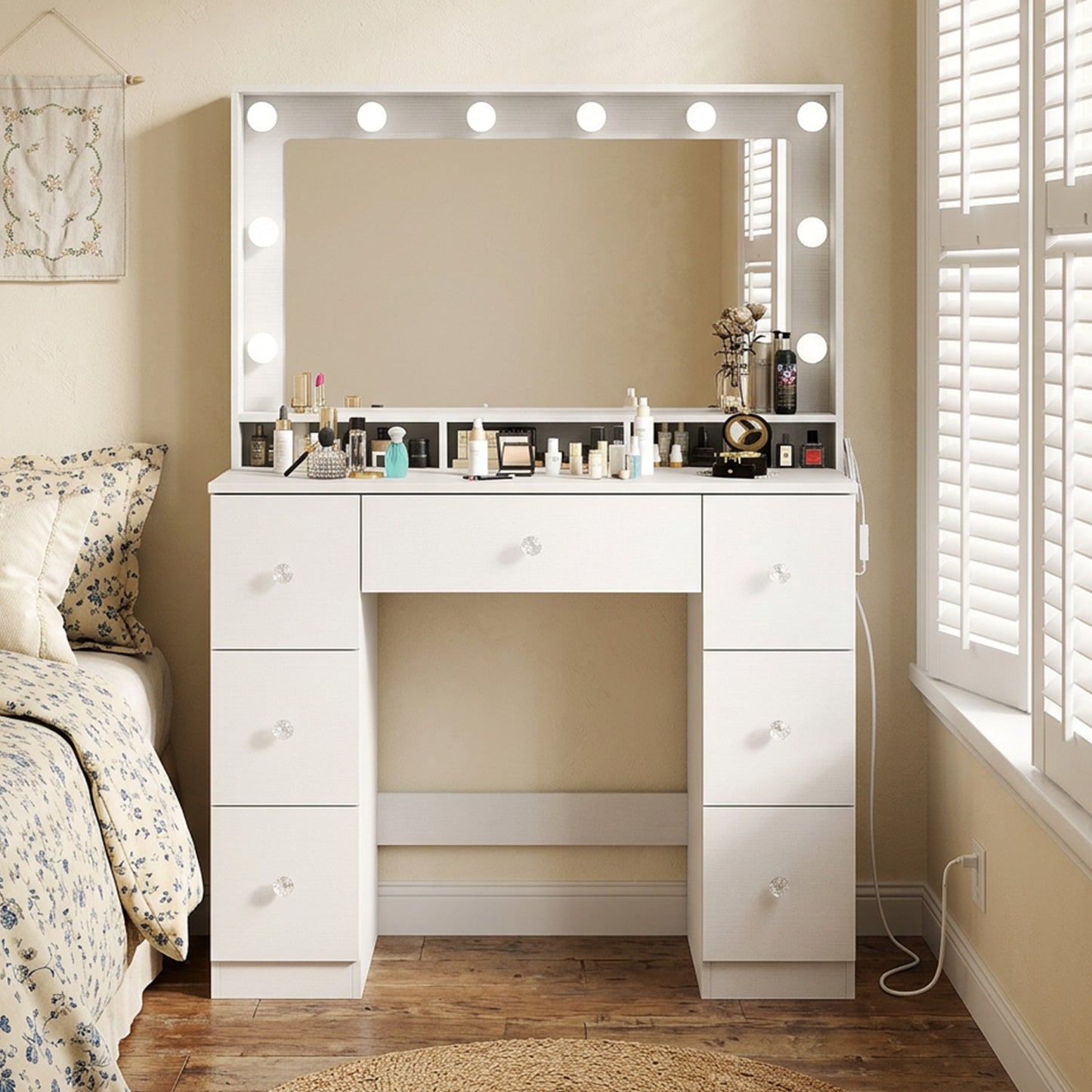 Vanity Desk with 10 Dimmable LED Lights, Mirror Dressing Table with 7 Drawers and Charging Station, White