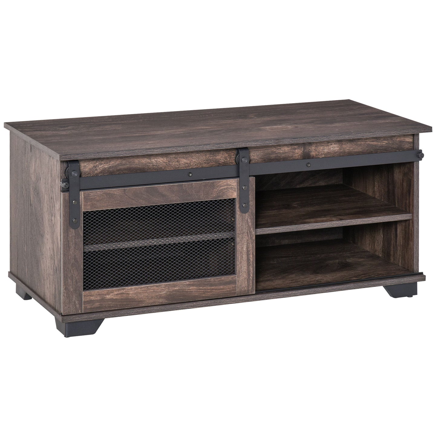 Farmhouse Coffee Table with Sliding Mesh Barn Door, Industrial Center Table with Adjustable Shelf for Living Room, Dark Brown