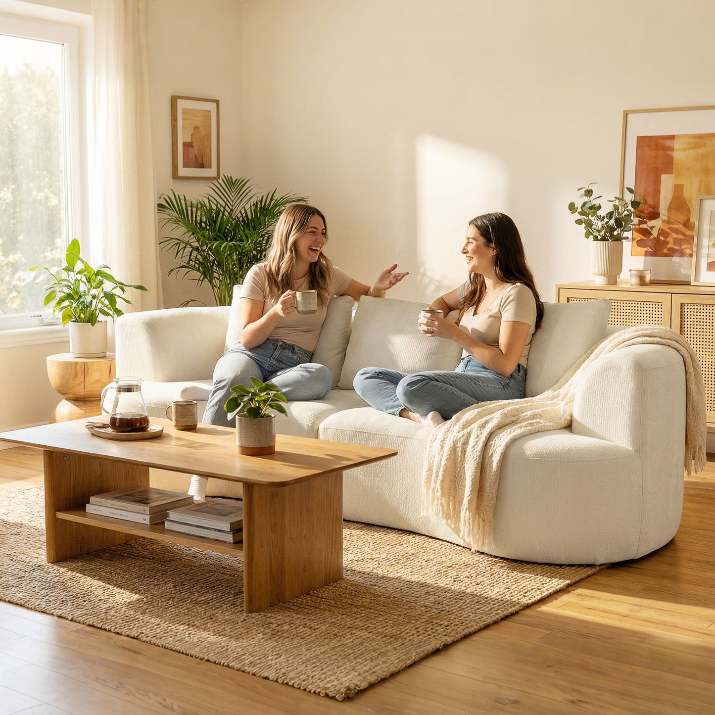 3 Seater Sofa, 102" Chenille Boneless Couch with Wide Seat, Spring Cushions, High-Density Foam, 3 Pillows, Cream White