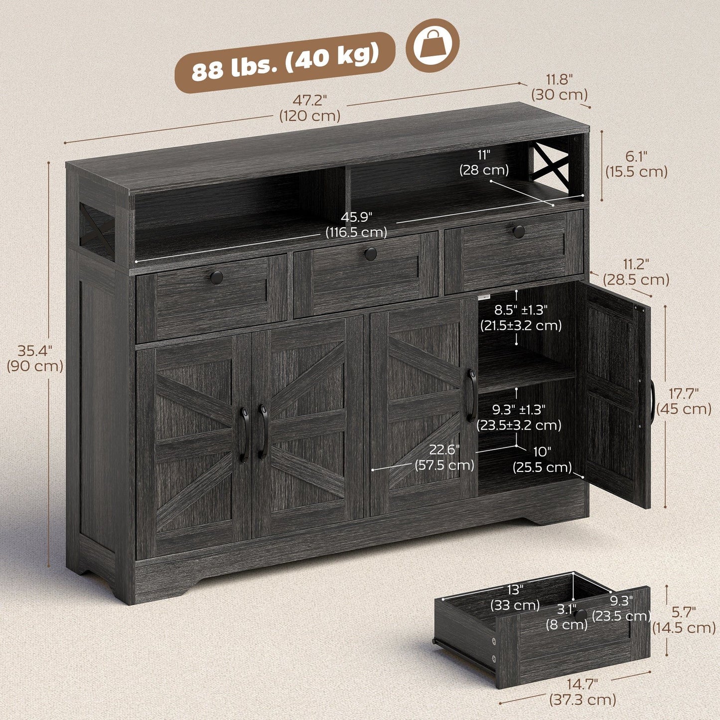 Sideboard Buffet Cabinet with 4 Doors and 3 Drawers - Dark Brown