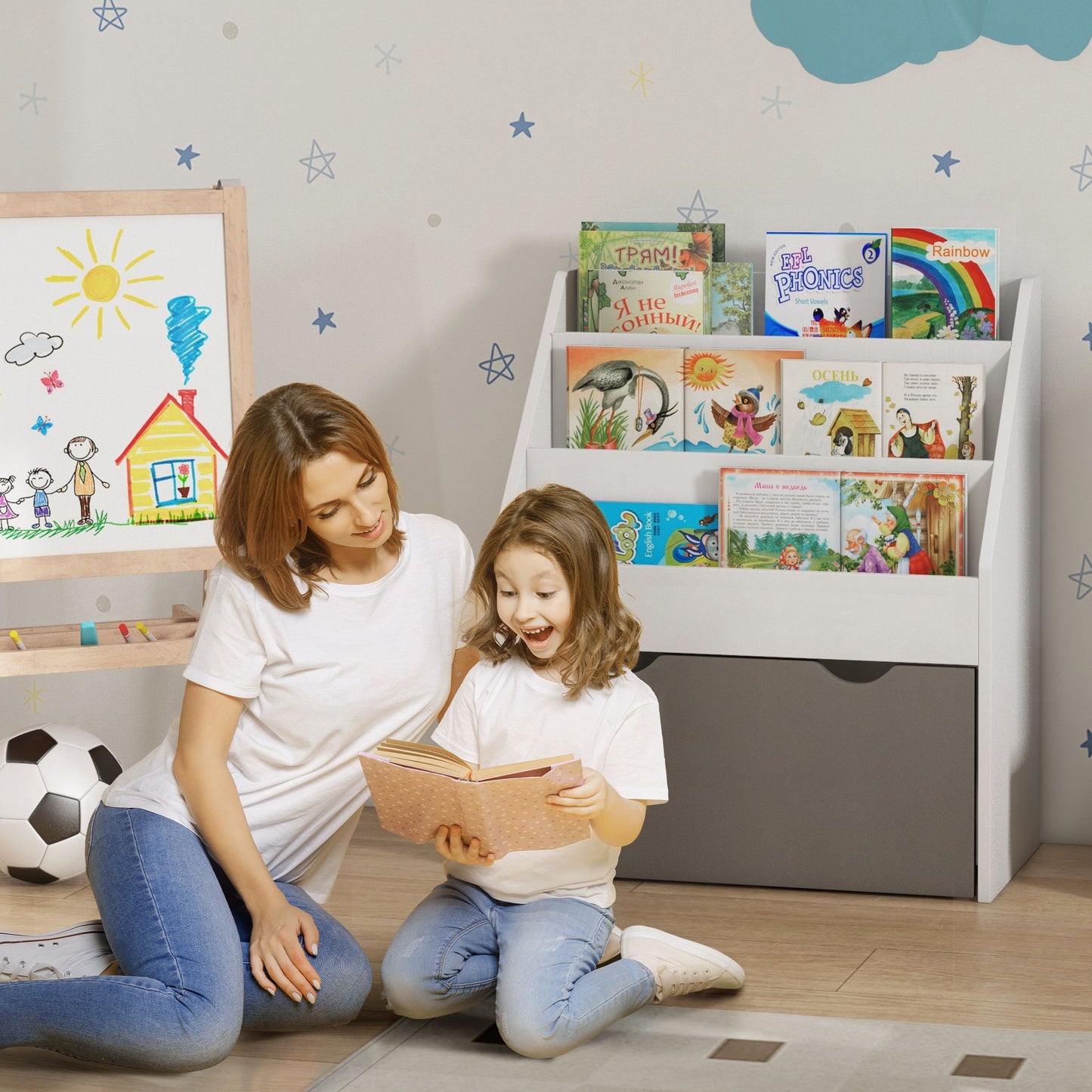 Kids Bookshelf with 3 Tier Display Shelves, Drawer for Nursery, Grey