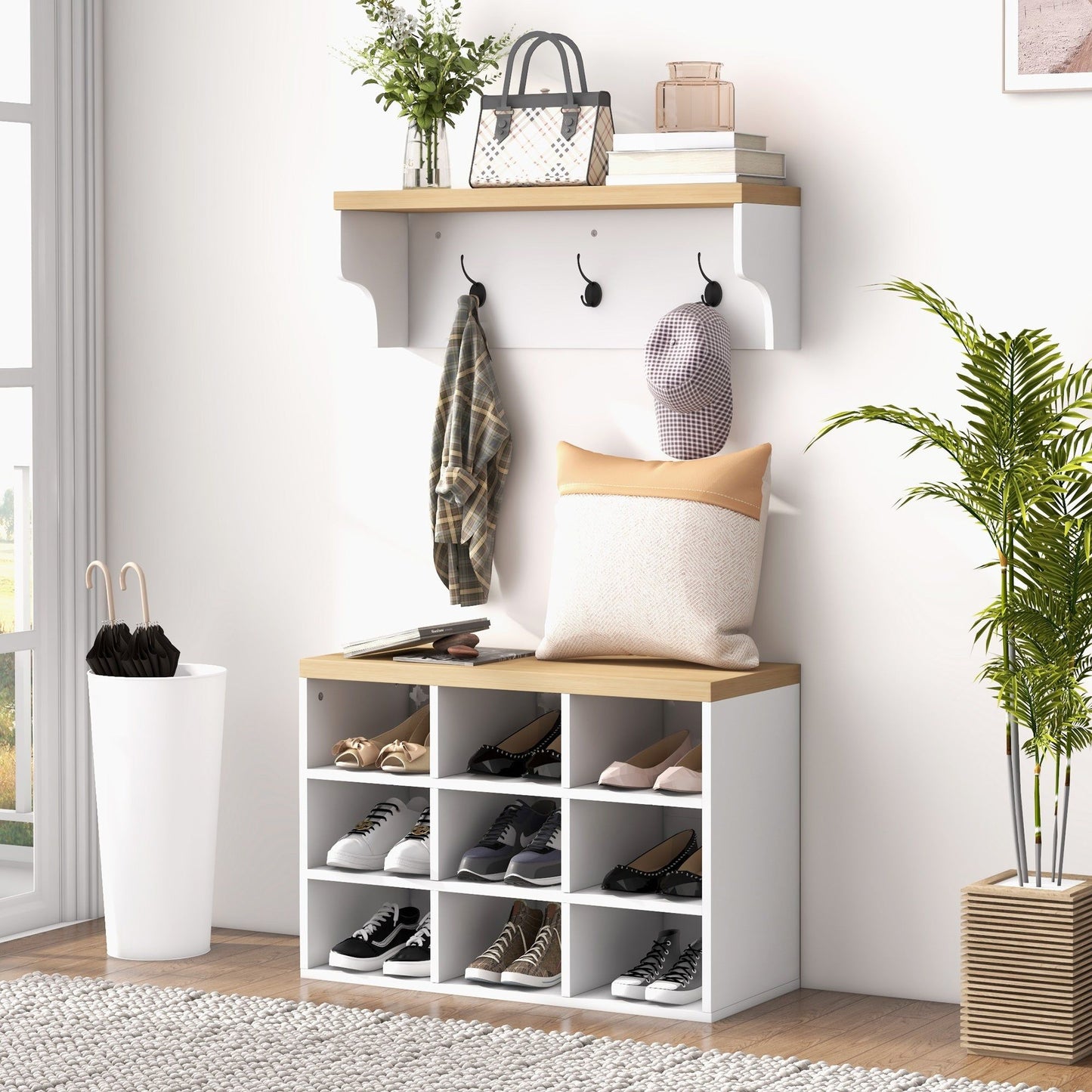 2-in-1 Hall Tree with Shoe Bench and 5 Hooks - White