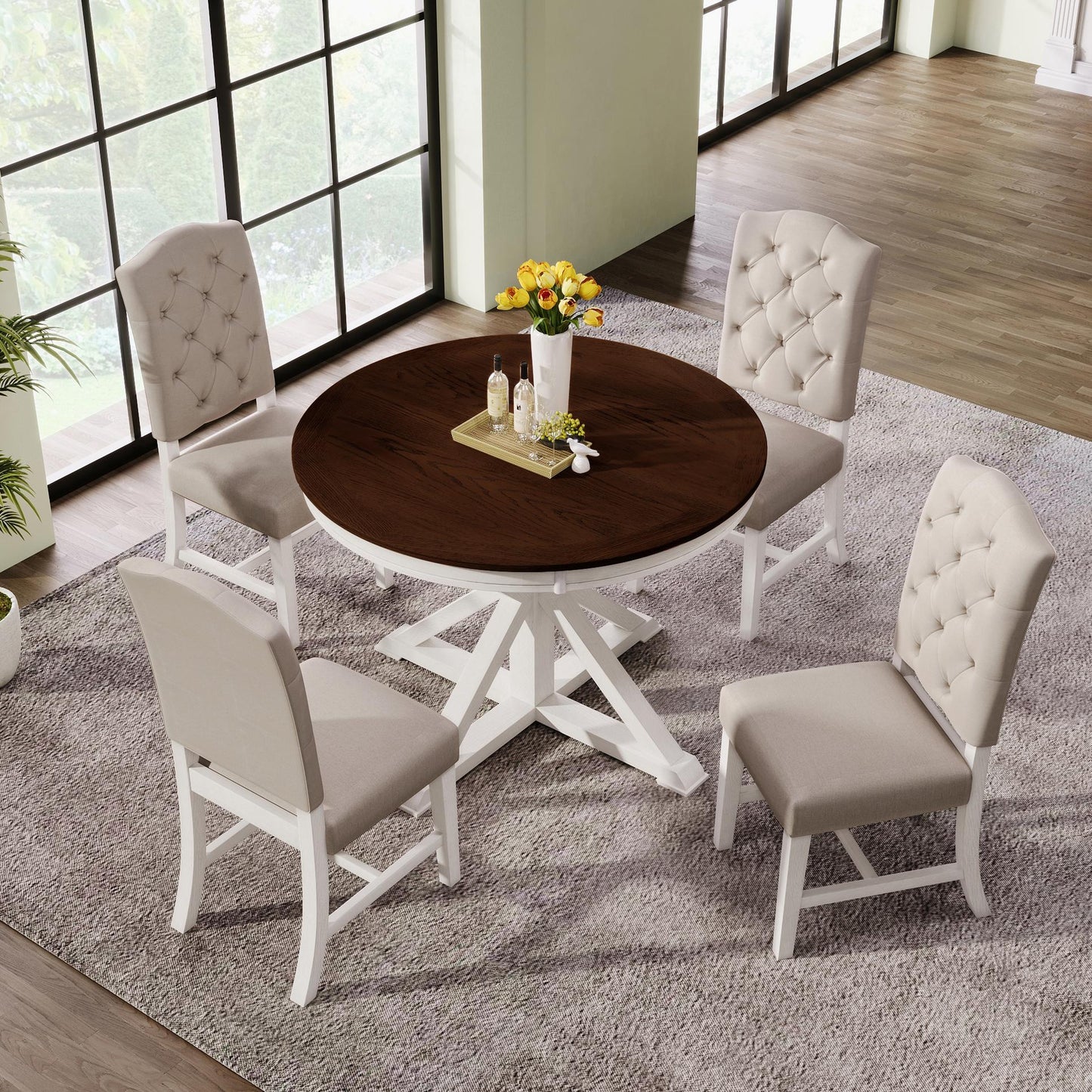 Extendable Dining Table Set with 4 Upholstered Chairs, Stylish Kitchen Table Set with Oak Veneer Top, 54" L x 42" W x 30" H, Off White+Walnut