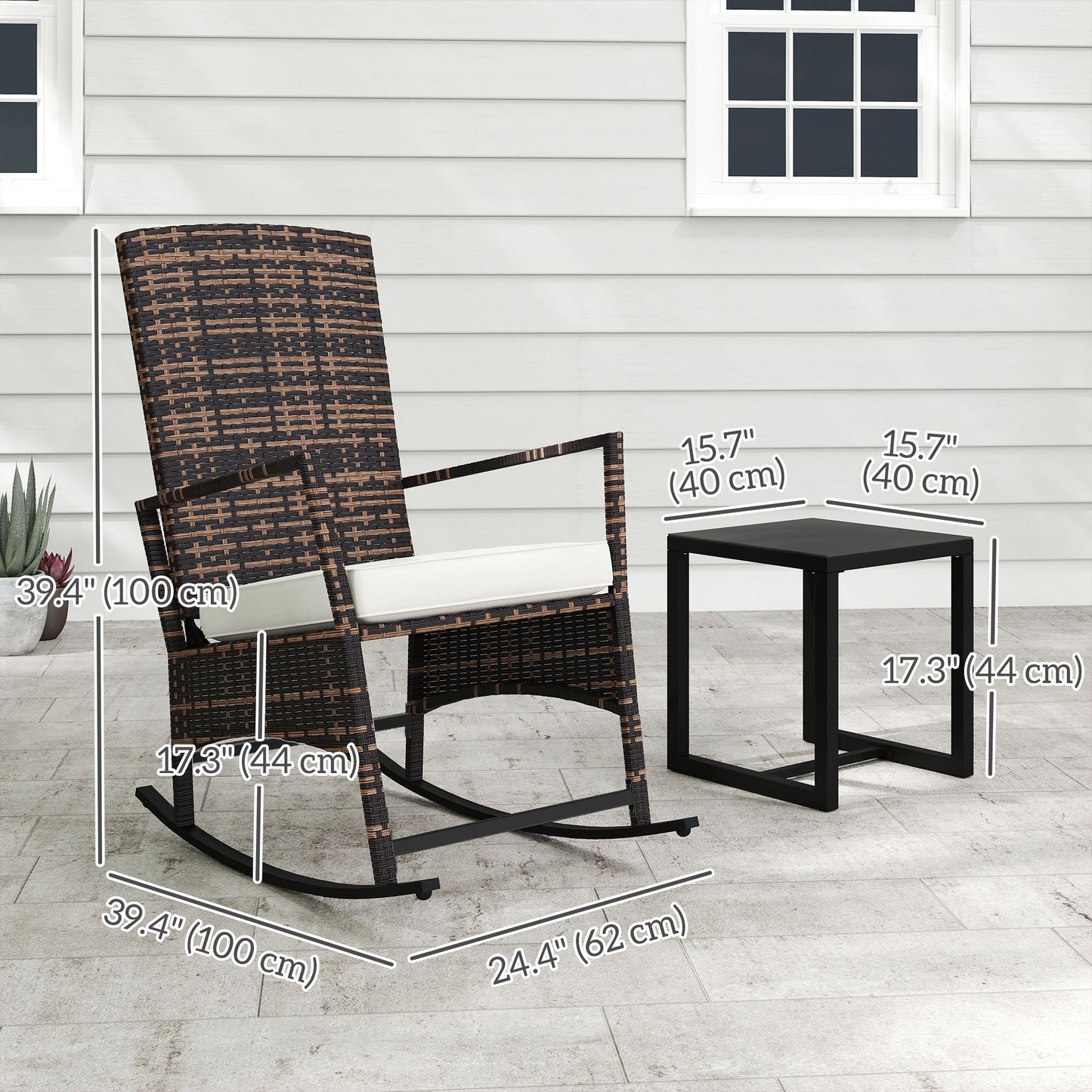 3 Piece Rocking Bistro Set, Wicker Patio Furniture with 3-Level Reclining High Back Rocking Chair and Glass Table, White