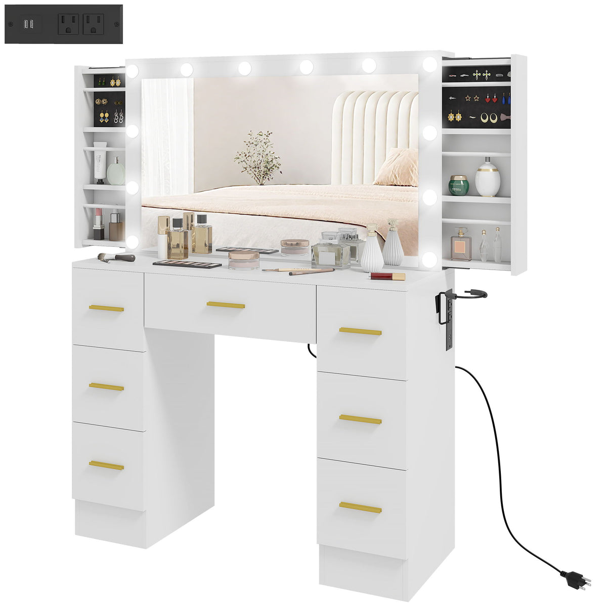 Makeup Vanity Table with Lights, Dressing Table with 7 Drawers, 6 Hidden Sliding Storage Compartments, White