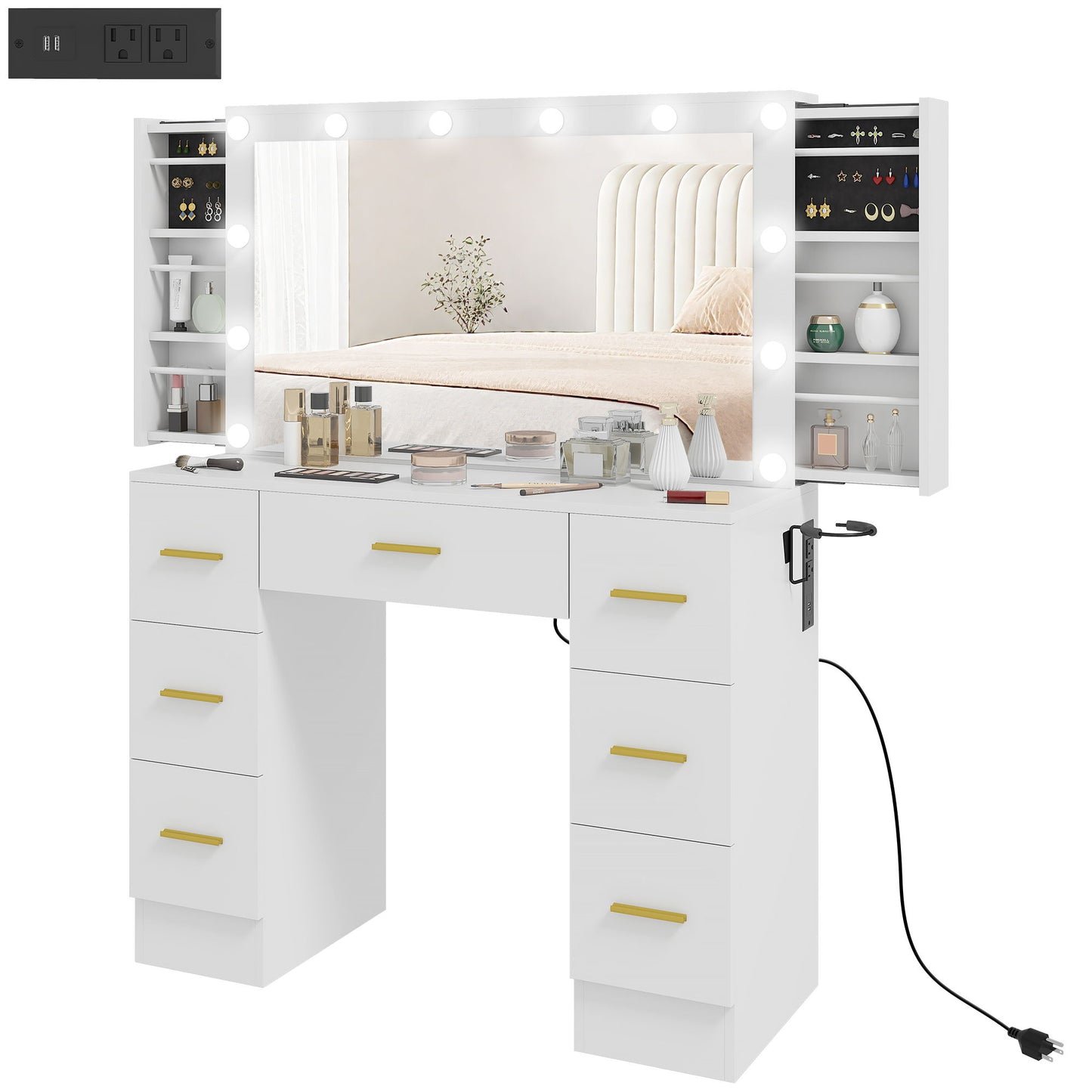 Makeup Vanity Table with Lights, Dressing Table with 7 Drawers, 6 Hidden Sliding Storage Compartments, White