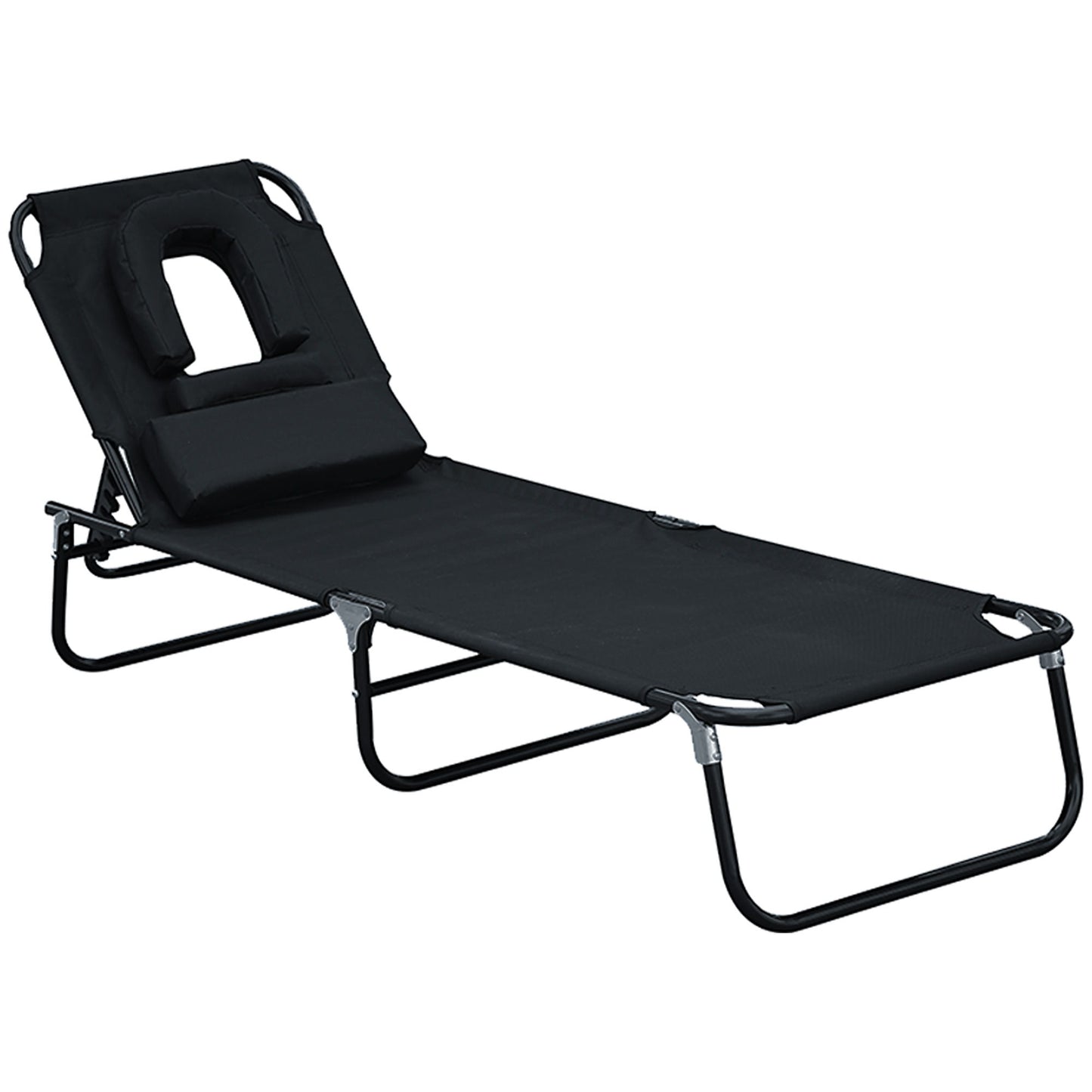 Folding Outdoor Lounge Chair, Portable Reclining Beach Lounger with Face Hole, Detachable Pillow, 4-Position Adjustable Backrest, For Patio, Garden, Poolside, Black