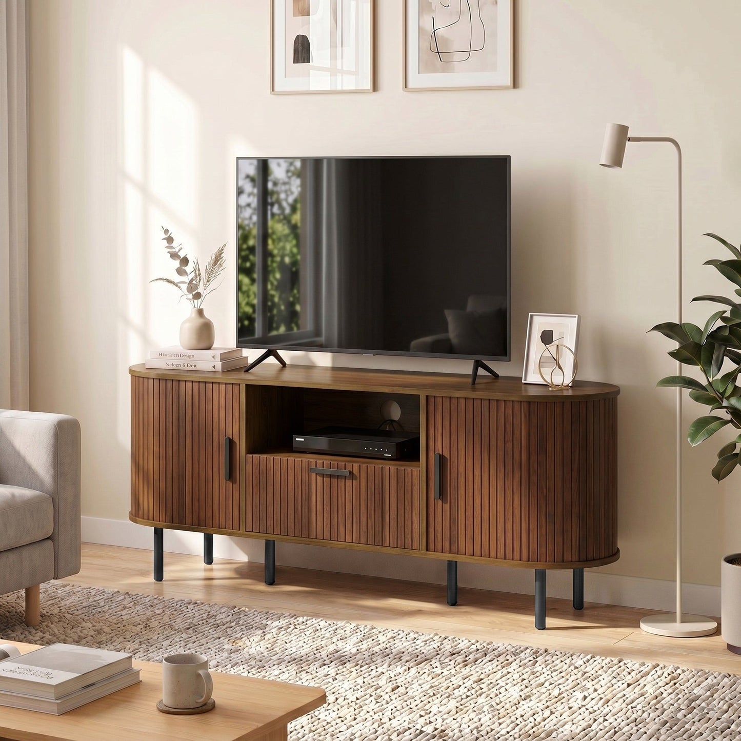 60" TV Stand with Curved Sliding Doors - Brown