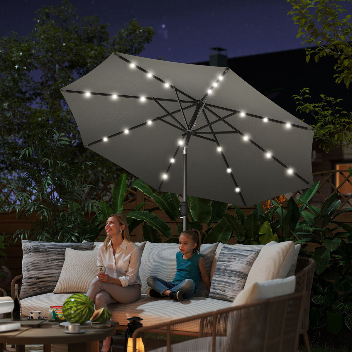 8.8 ft Solar Powered Outdoor Patio Umbrella Round Market Table Umbrella with Adjustable LED Lights Tilt Crank Dark Grey