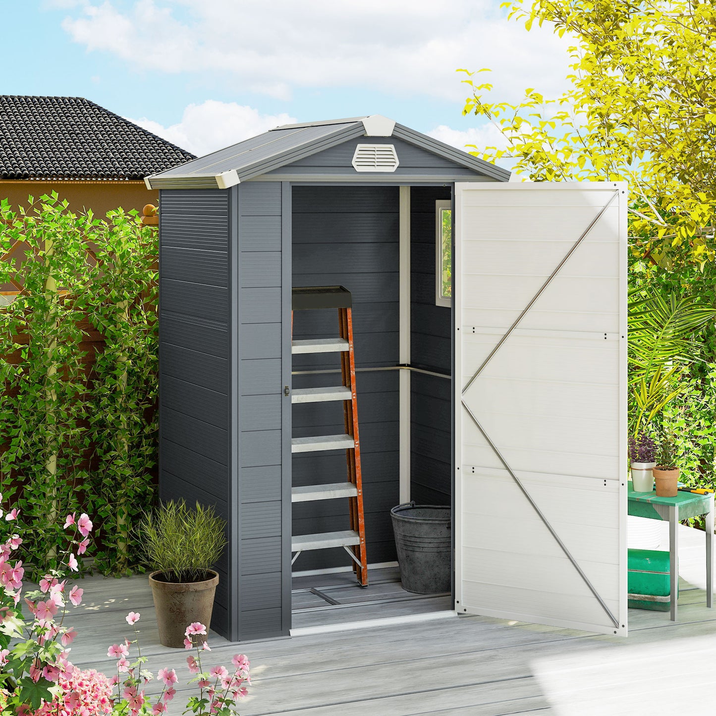 4.4' x 3.3' Plastic Garden Storage Shed with Latch Door, Vents, Sloped Roof, Grey
