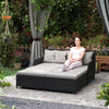 Rattan Outdoor Daybed, Sunbed Loveseat with Soft Cushions, 4 Pillows, Curved Backrest & Armrest, Light Grey