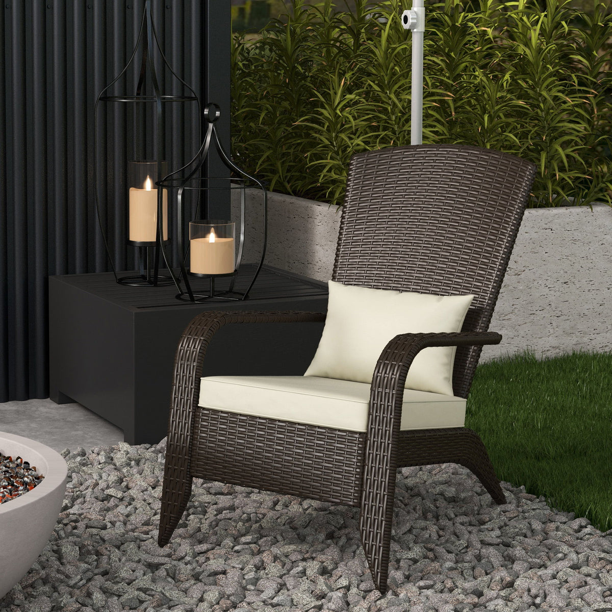 Patio Wicker Adirondack Chair, Outdoor Rattan Muskoka Chair with Cushions for Patio, Garden, Backyard Khaki