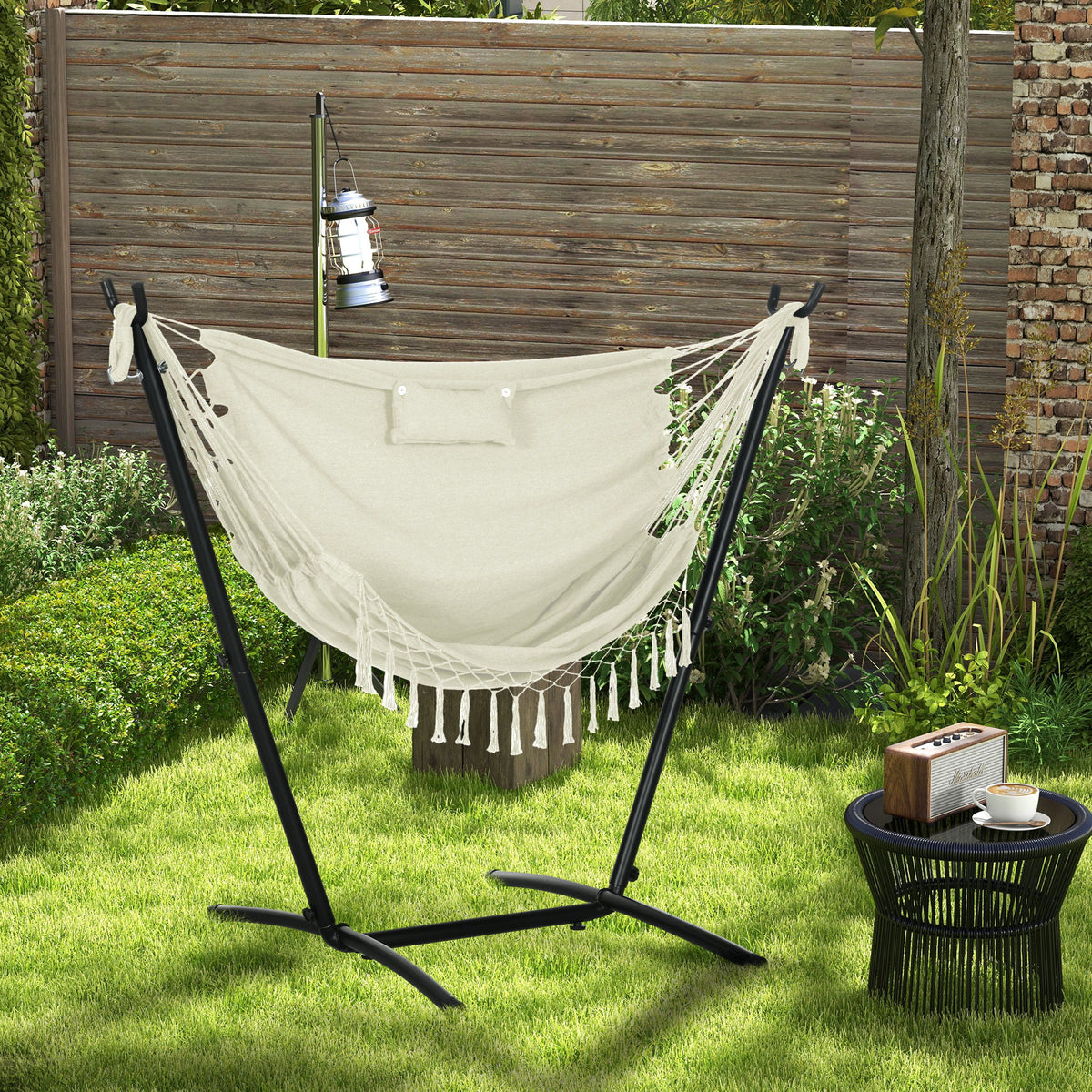 Patio Hammock Chair with Stand, Outdoor Hammock Swing Hanging Lounge Chair with Side Pocket and Headrest, Cream