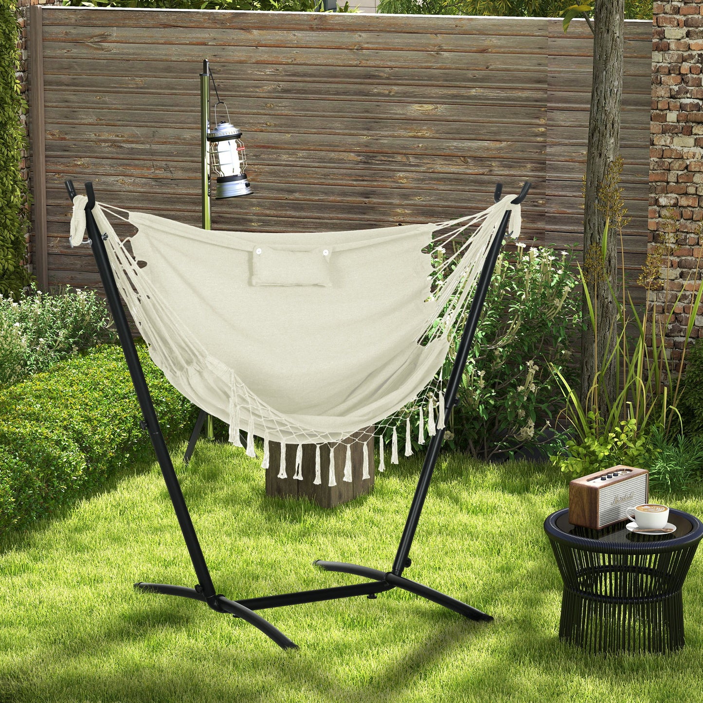 Patio Hammock Chair with Stand, Outdoor Hammock Swing Hanging Lounge Chair with Side Pocket and Headrest, Cream