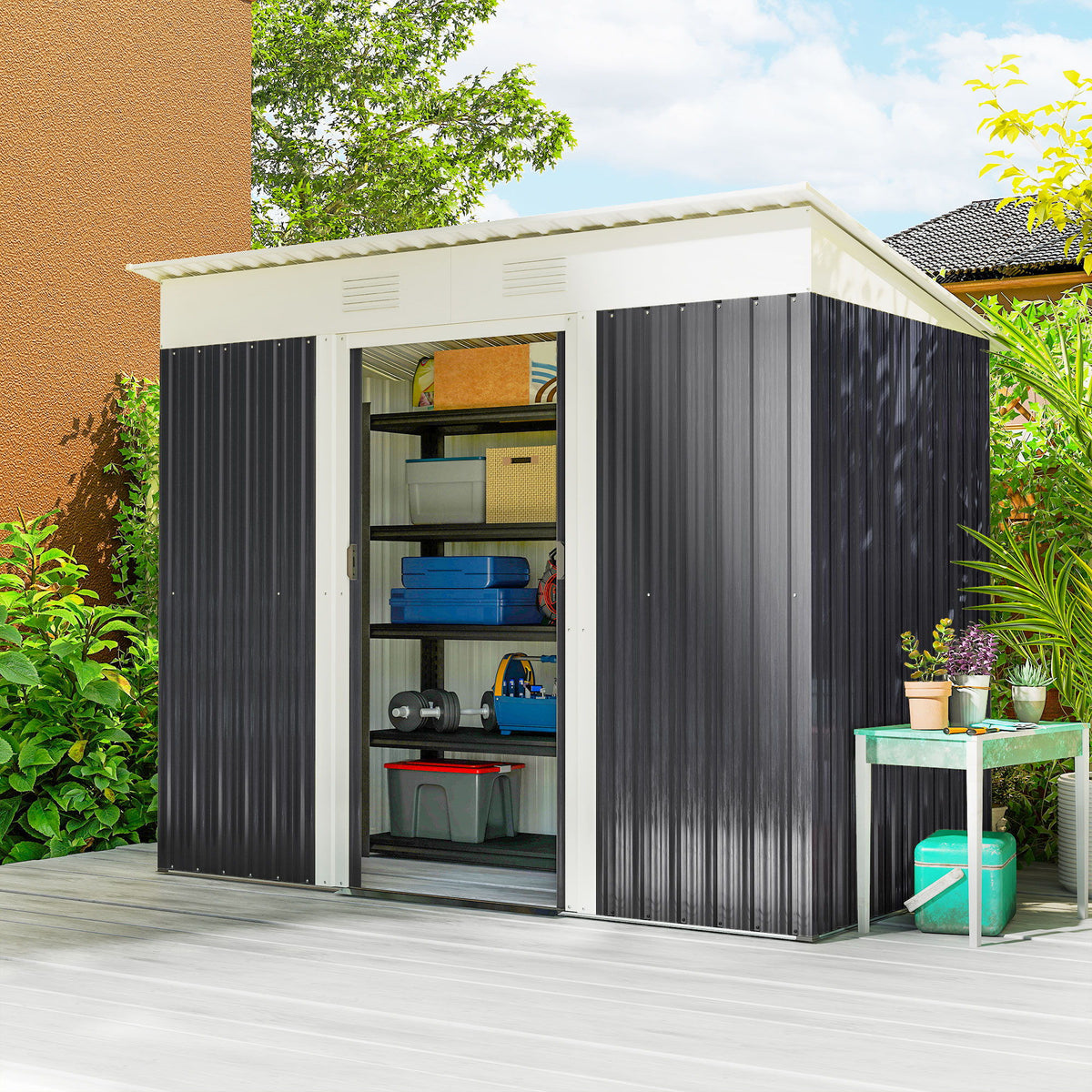 7' x 4' Outdoor Storage Shed, Metal Garden Tool Storage House Organizer with Lockable Sliding Doors and Vents for Backyard Patio Lawn, Charcoal Grey