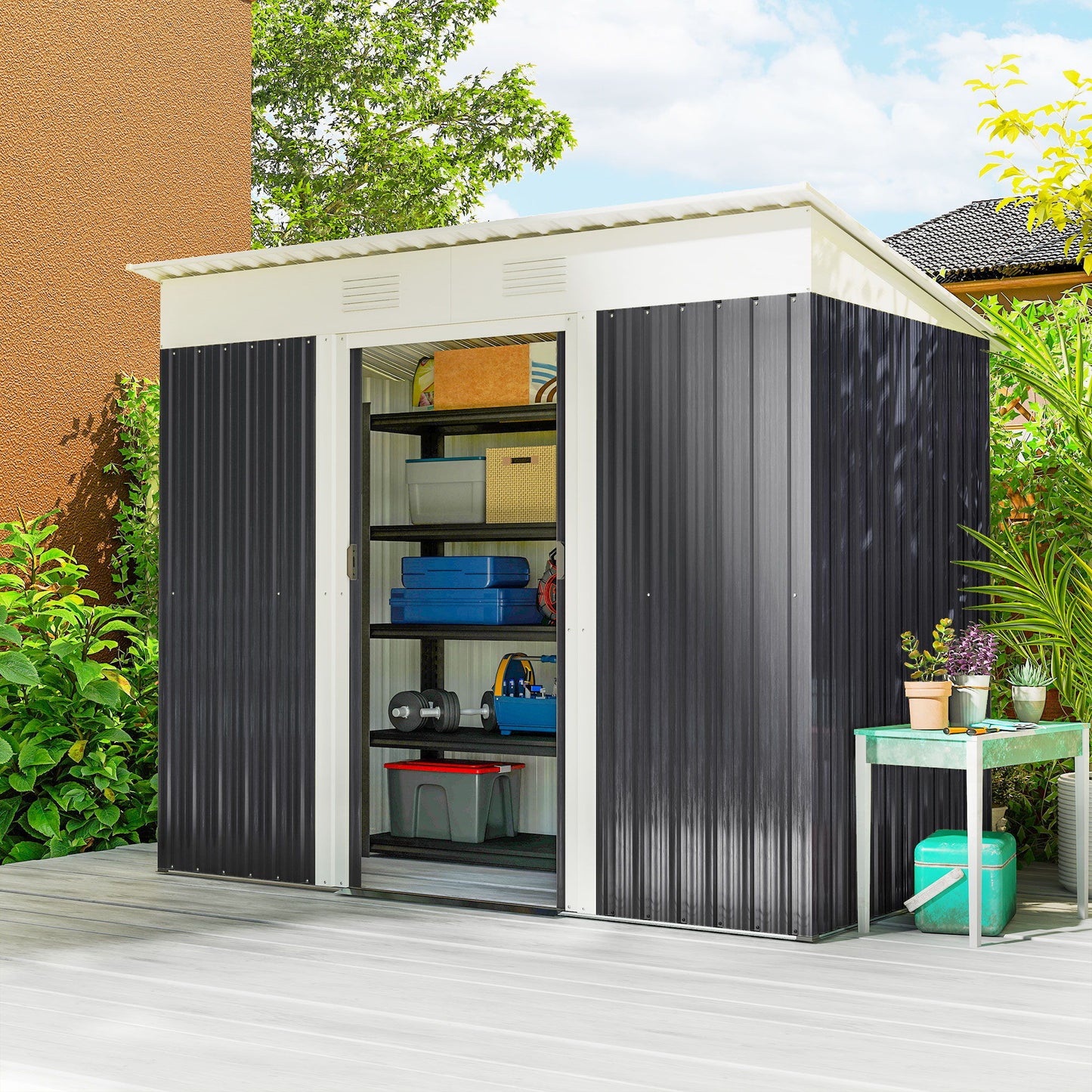 7' x 4' Outdoor Storage Shed, Metal Garden Tool Storage House Organizer with Lockable Sliding Doors and Vents for Backyard Patio Lawn, Charcoal Grey