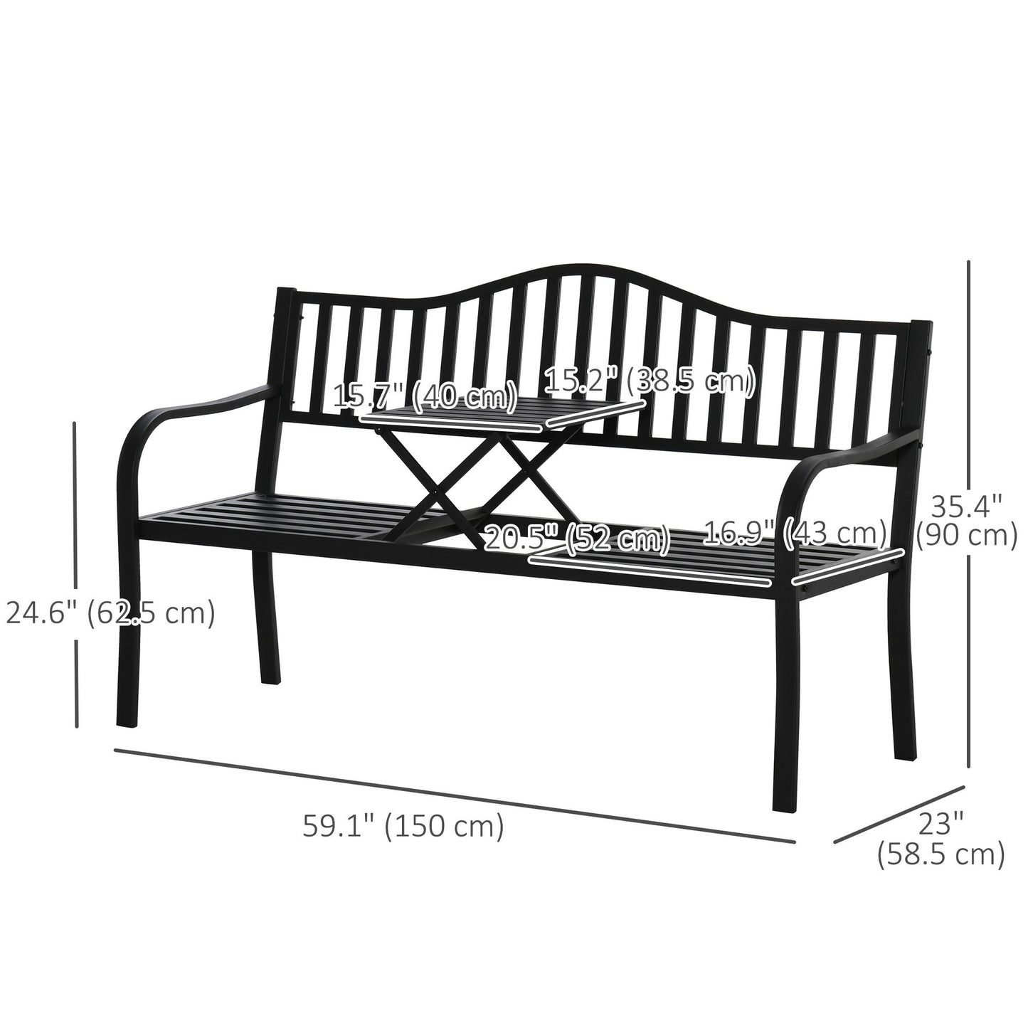 Metal Outdoor Bench with Liftable Middle Table, Patio Loveseat, Garden Bench for Lawn, Porch, Seats 2–3 People, Black