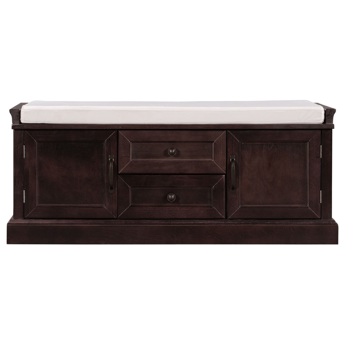 Storage Bench with 4 Doors and Adjustable Shelves, Removable Cushion for Entryway, 43" L x 16" W x 17.5" H, Dark Brown