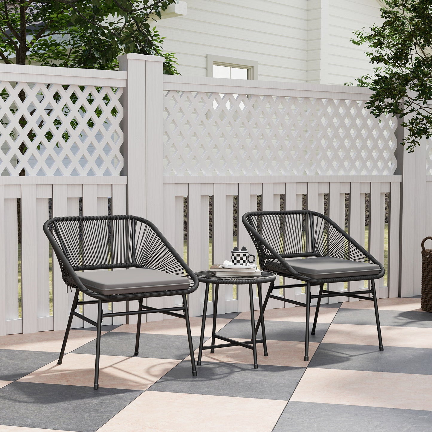 3 Piece Bistro Set, Wicker Outdoor Patio Furniture Set with Glass Top Table, Cushions for Balcony, Porch, Black