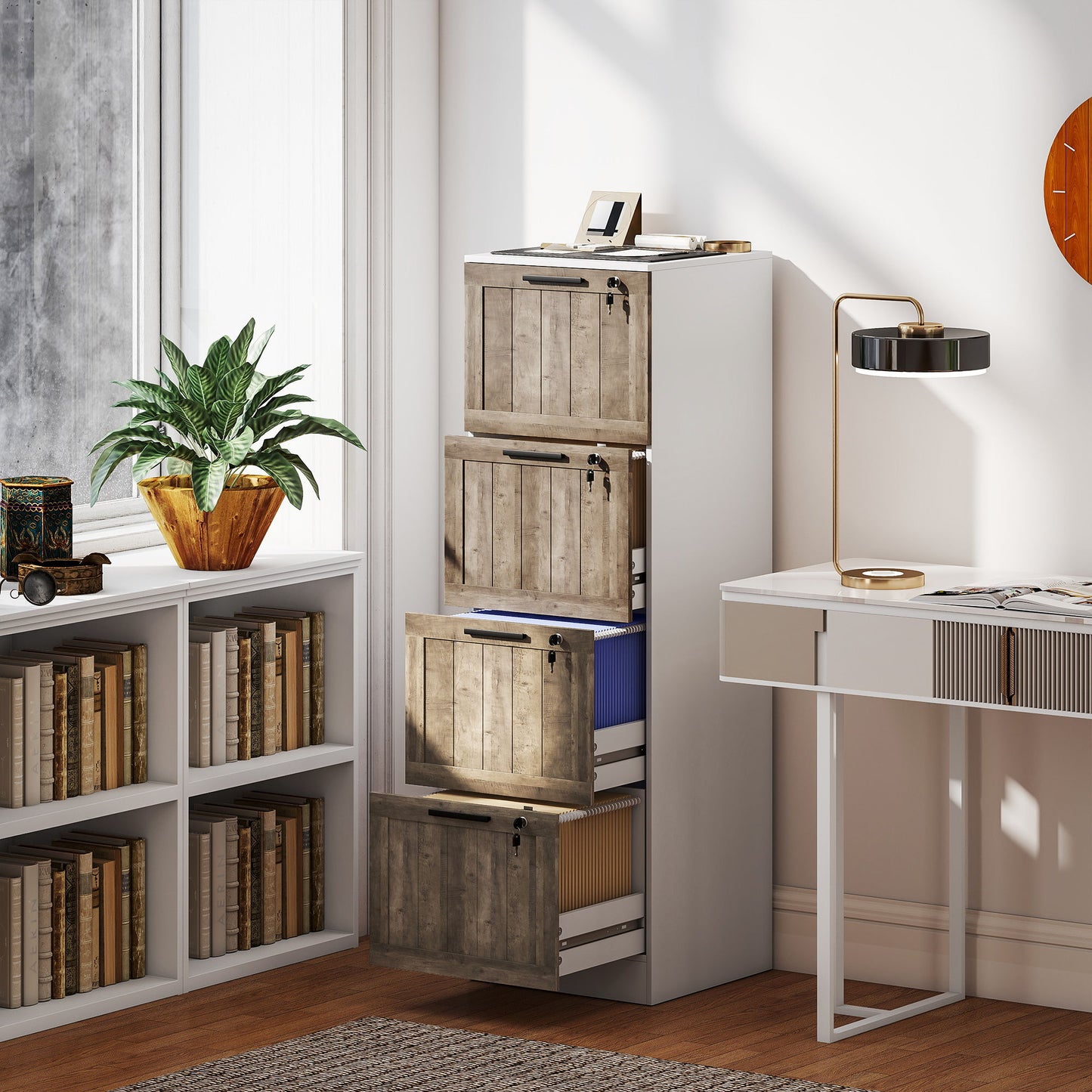 4 Drawer Filing Cabinet, Farmhouse File Cabinet with Lock, Adjustable Hanging Rails for A4 Letter Size Files, White