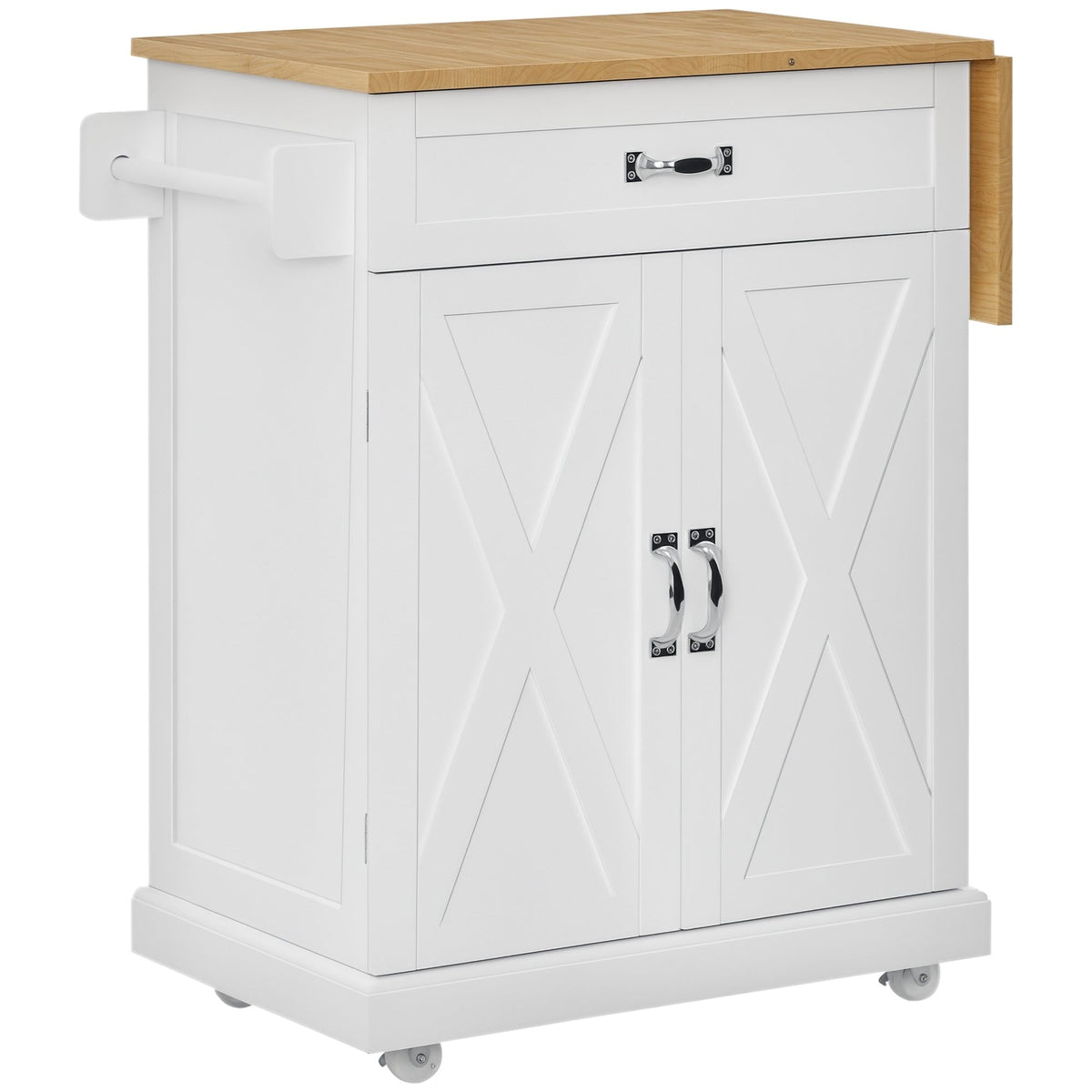 Foldable Rolling Kitchen Island with Drop-Leaf Top - White