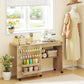 Sewing Machine Table on Wheels, Folding Craft Table with 2 Bins, Storage Shelf, 18 Pegs, Lockable Wheels, Natural