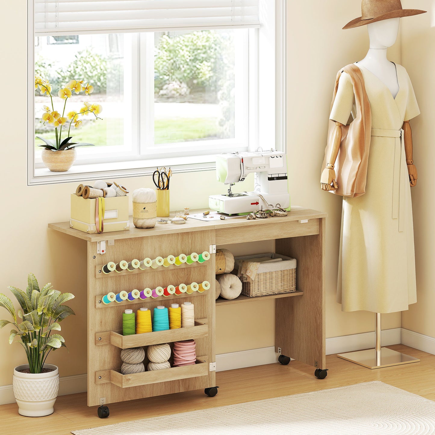 Sewing Machine Table on Wheels, Folding Craft Table with 2 Bins, Storage Shelf, 18 Pegs, Lockable Wheels, Natural