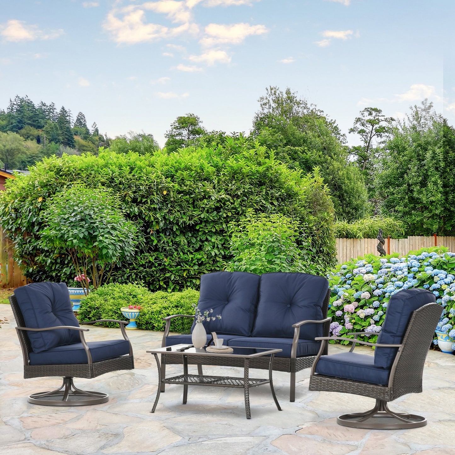 4 Pcs Wicker Sofa Set with 2 Swivel Chairs Patio Furniture Set w/ Two Tier Tea Table & Cushions, Navy Blue