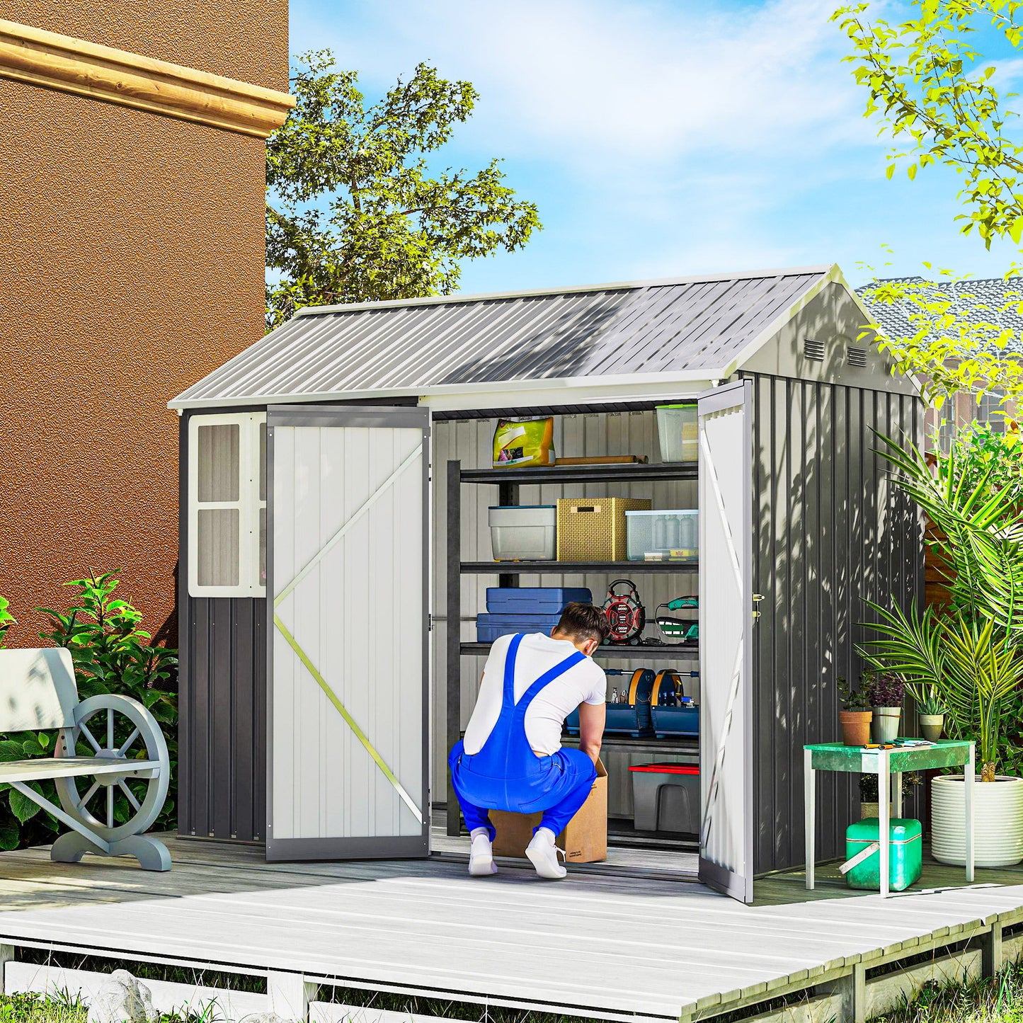8.5' x 5.5' Metal Garden Storage Shed, Outdoor Tool Storage House with Lockable Door, Vents, Sloped Roof, Light Grey