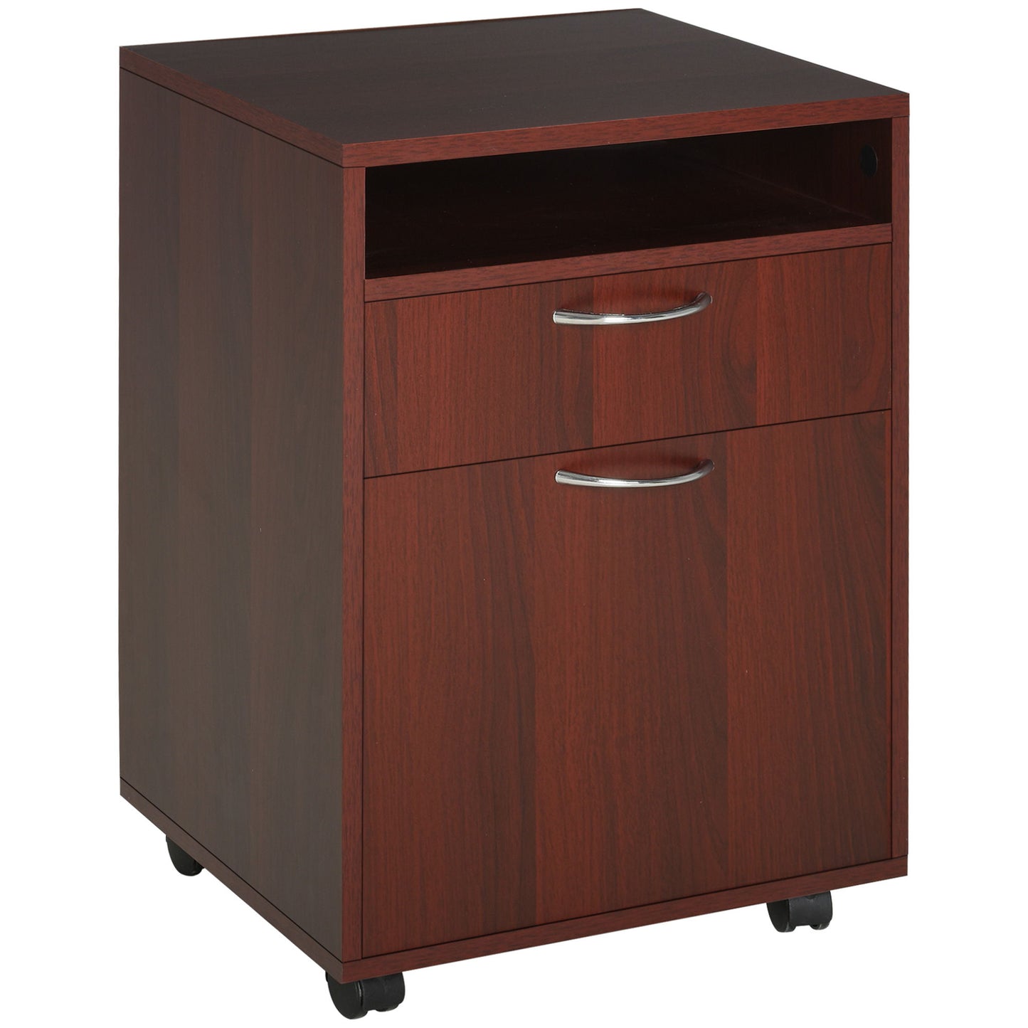 24" Small Filing Cabinet with Open Compartment, Drawer and Wheels, Home Office Storage Cabinet, Espresso