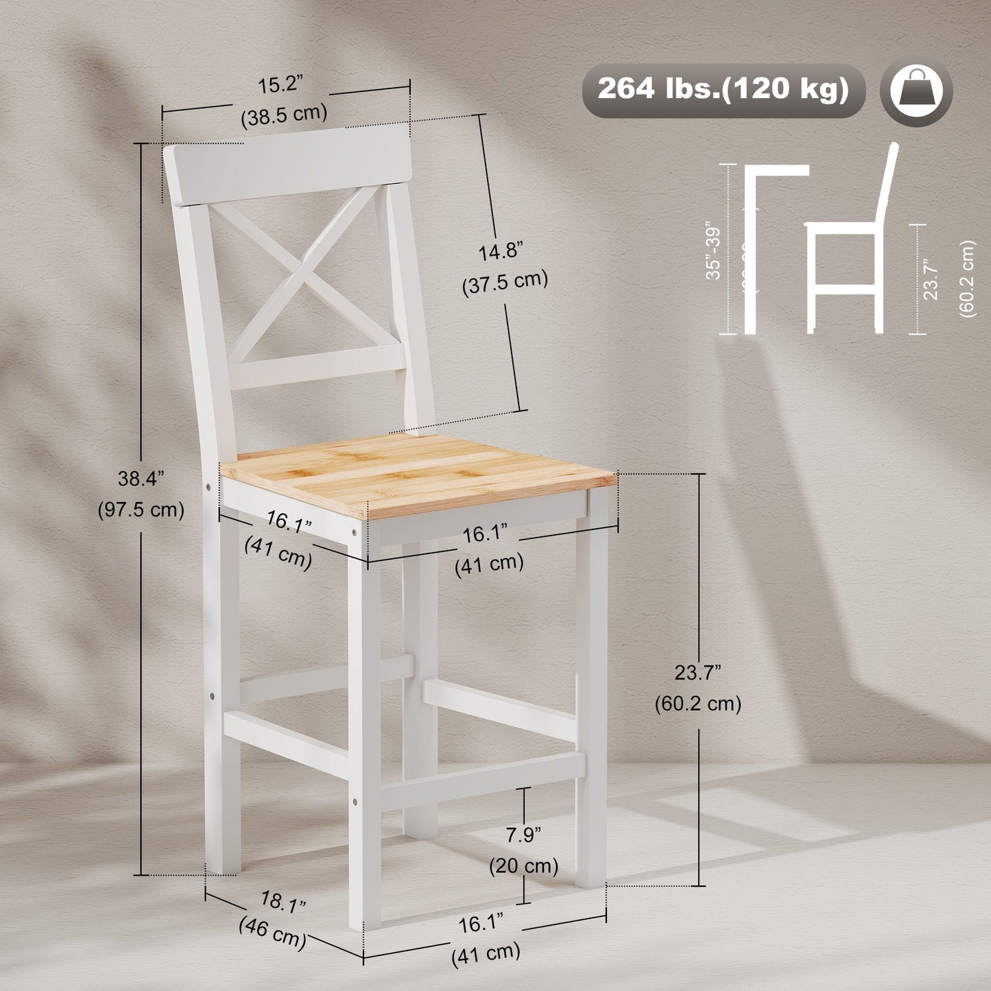 Solid Wood Counter Height Bar Stools Set of 2 - Natural