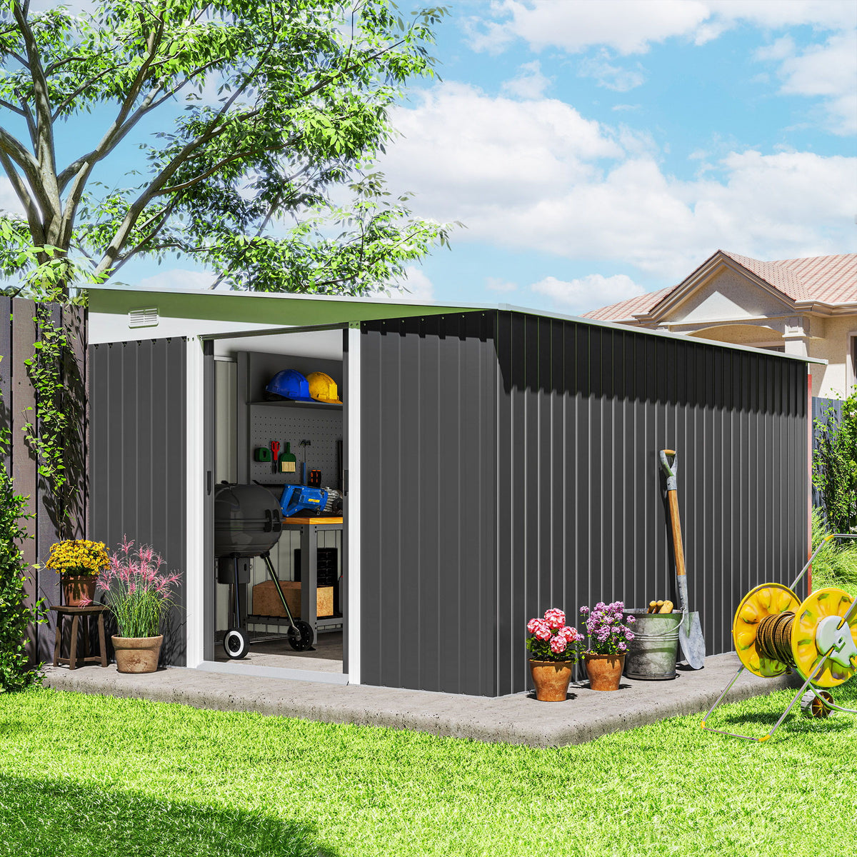 11' x 9' Steel Garden Storage Shed, Outdoor Metal Tool House with Double Sliding Doors, Dark Grey