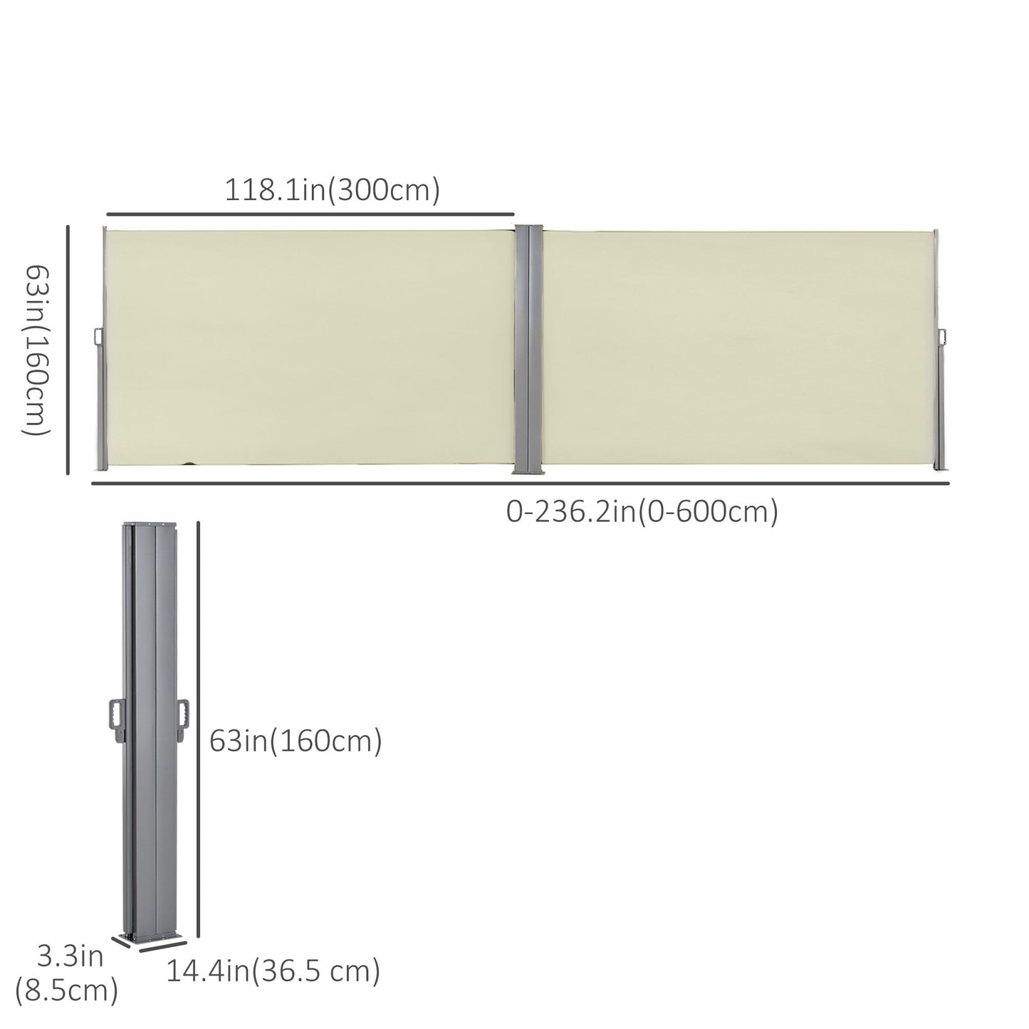 236" x 63" Outdoor Privacy Wall, Double Retractable Side Awning, Patio Screen for Garden, Balcony, Backyard, Cream White