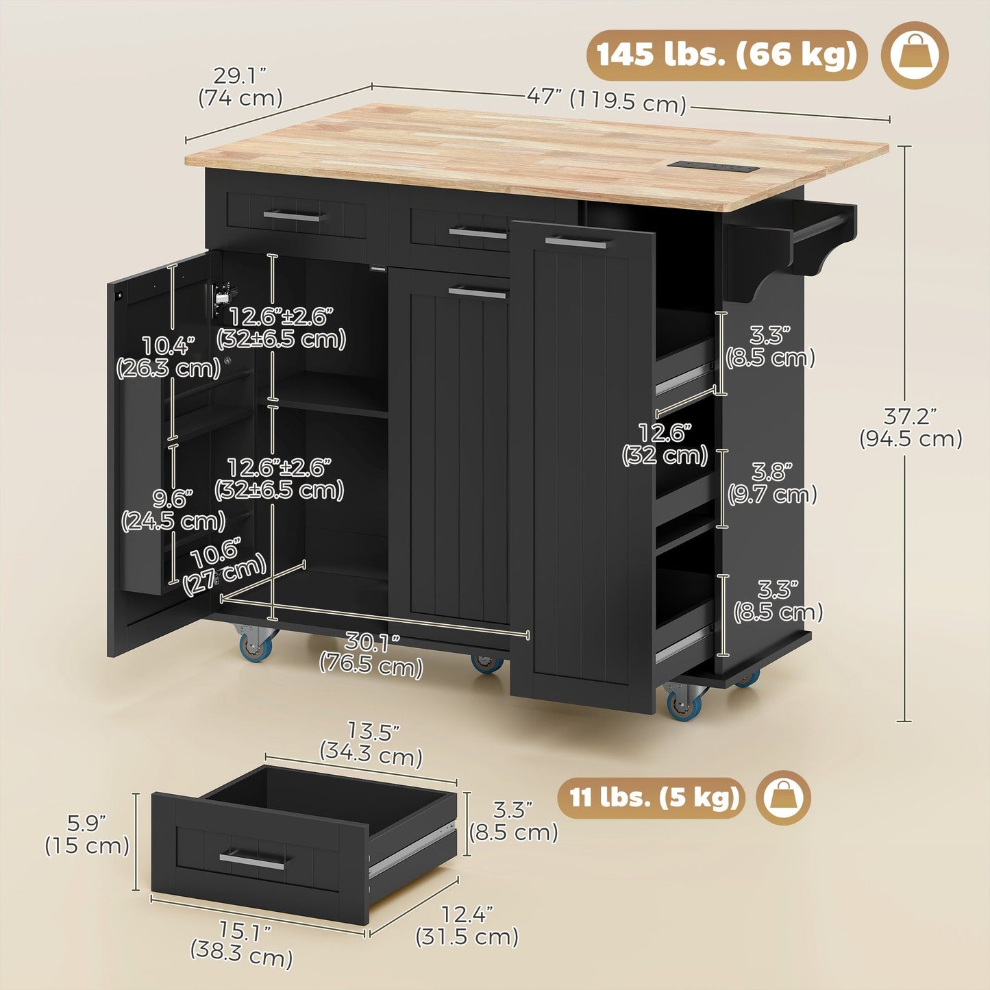 Kitchen Island Cart with Wood Drop Leaf and Charging Station - Black