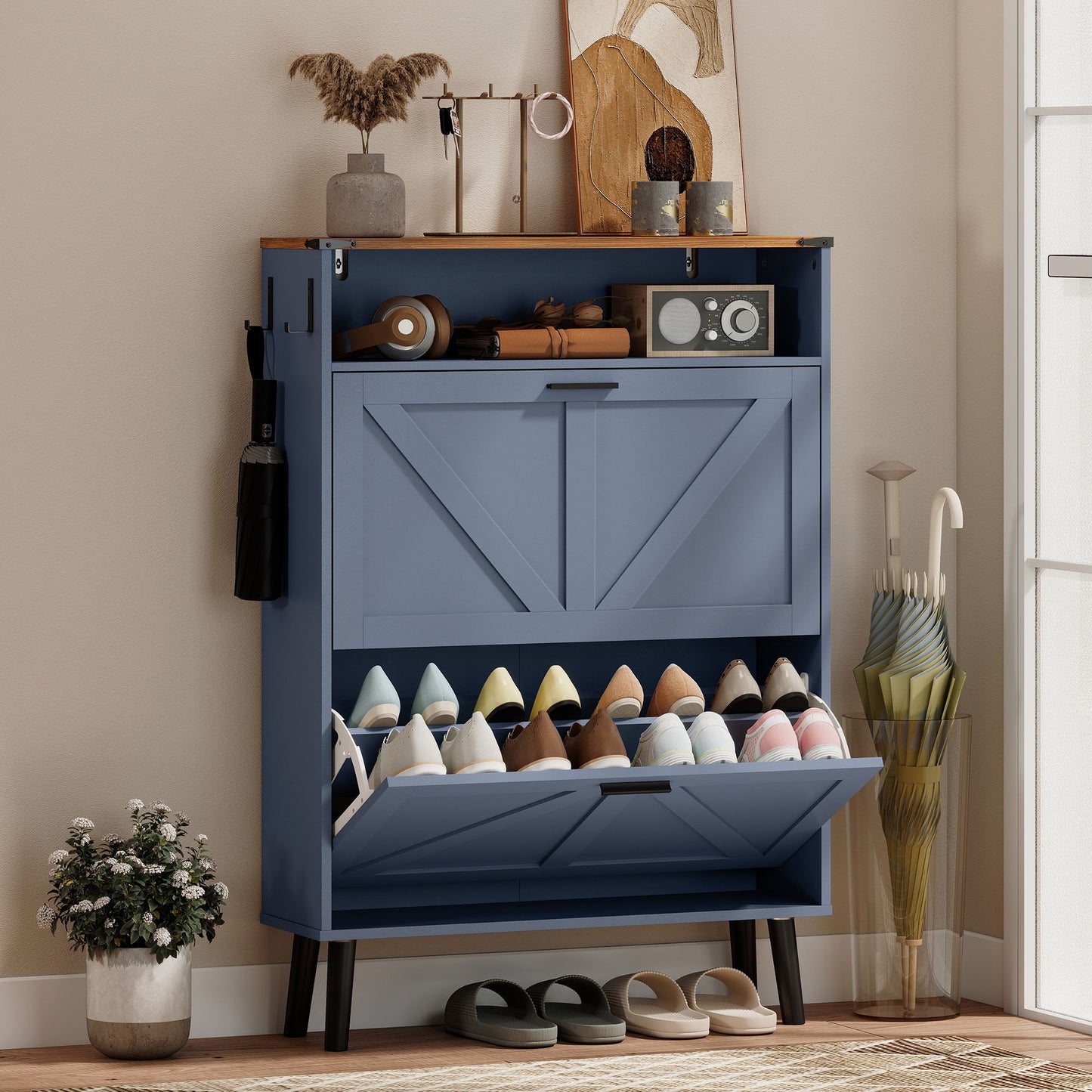 Shoe Storage Cabinet with 2 Flip Drawers, Farmhouse Narrow Shoe Cabinet, Holds Up to 16 Pairs, Blue