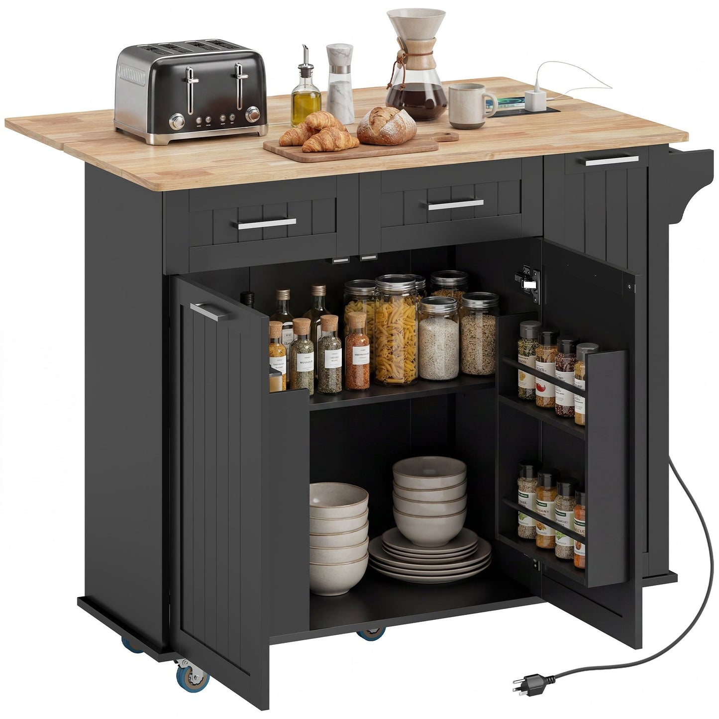Kitchen Island Cart with Wood Drop Leaf and Charging Station - Black