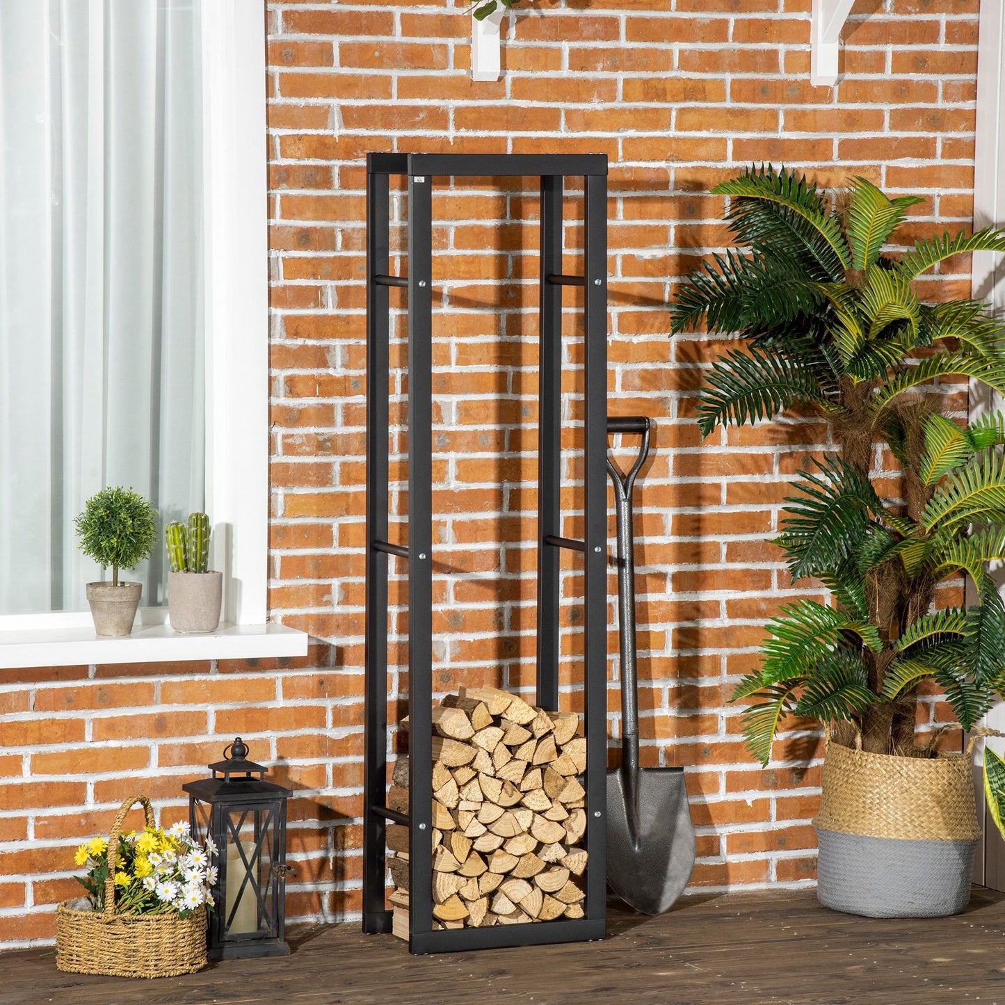 15.7" x 9.8" x 59.1" Firewood Rack Outdoor, Log Holder Fireplace Storage Rack with Handles and 220 lbs. Weight Capacity, Black