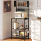 Baker's Rack with Charing Station, Microwave Shelf with Power Outlet, USB Charger and 5 Hooks, Distressed Grey